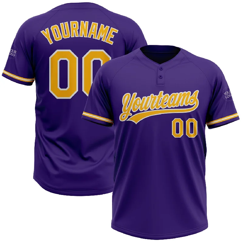 Comfortable Softball Jerseys for All-Day Wear-Custom Purple Gold-White Two-Button Unisex Softball Jersey