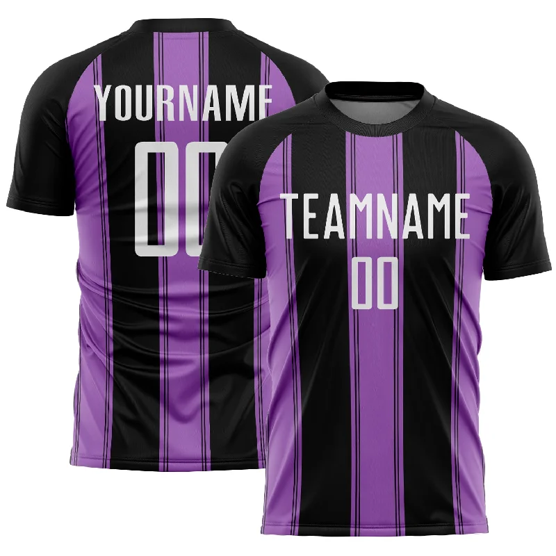 Soccer Jerseys with Breathable Mesh Panels for Ventilation-Custom Black White-Medium Purple Line Sublimation Soccer Uniform Jersey