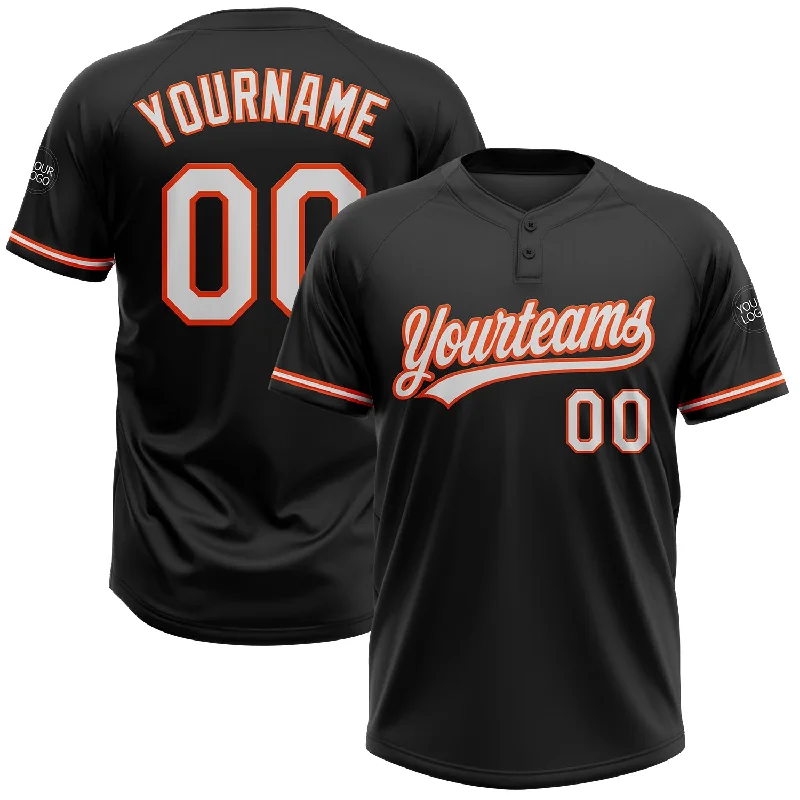 Softball Jerseys with Anti-Odor Technology for Comfort-Custom Black White-Orange Two-Button Unisex Softball Jersey