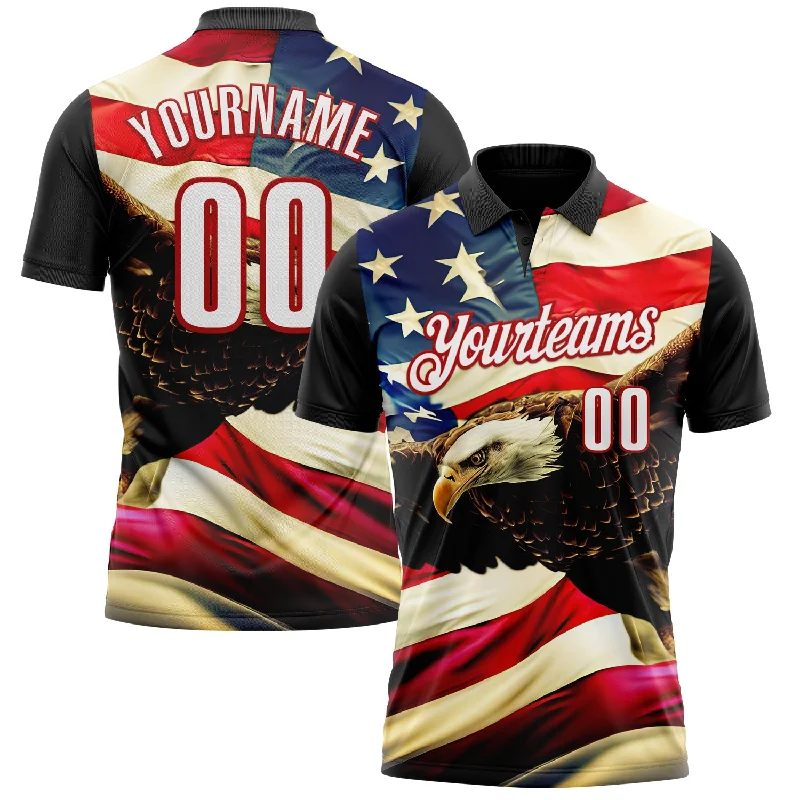 Tech-Infused Golf Polo Shirts for Enhanced Movement-Custom Black White Red 3D Bowling American Flag Eagle Performance Polo Shirt