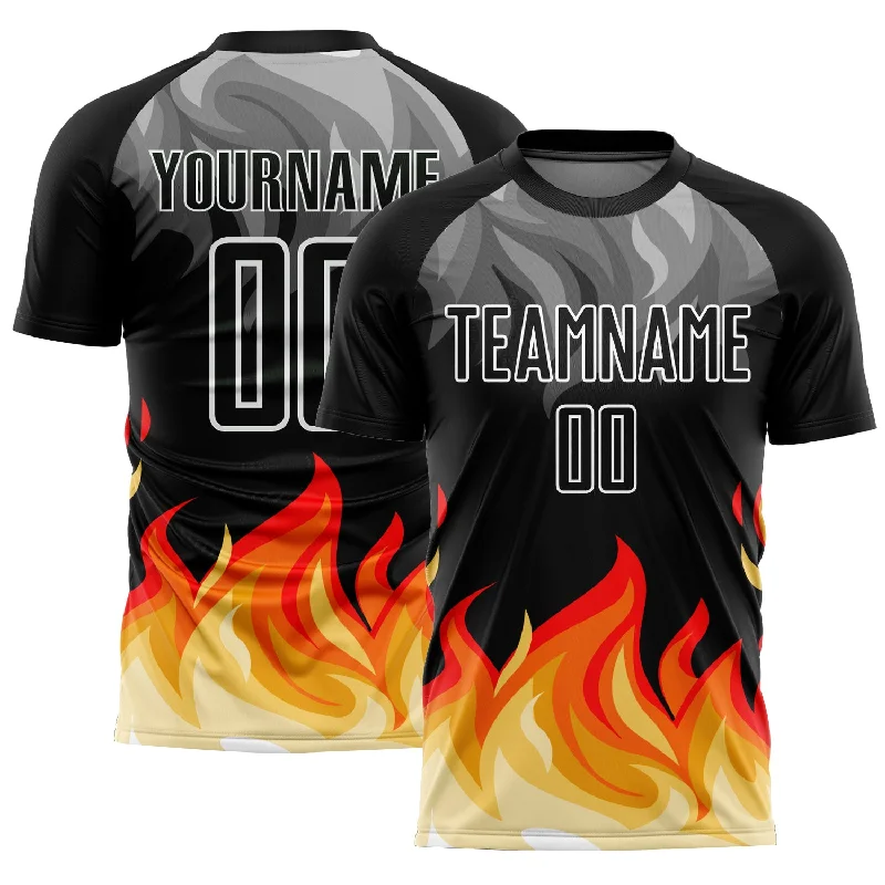 Soccer Jerseys with Durable Fabric for High-Performance Play-Custom Black Gray Red-Gold Flame Sublimation Soccer Uniform Jersey