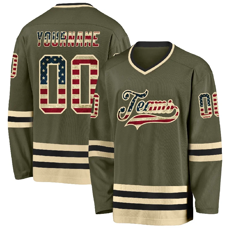 Hockey Jerseys with Team Name and Logo-Custom Olive Vintage USA Flag Cream-Black Salute To Service Hockey Jersey