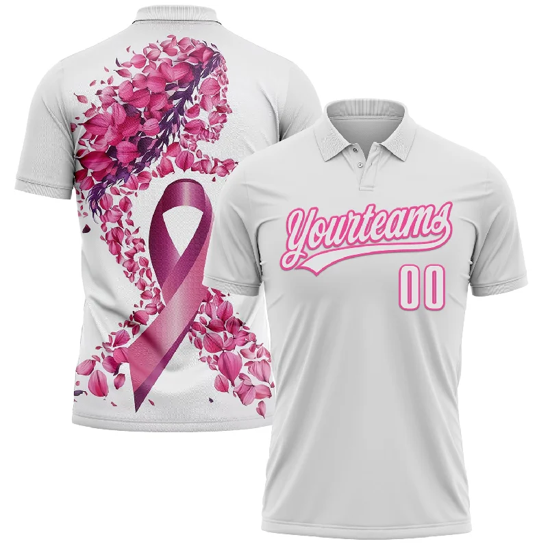 Lightweight Golf Polo Shirts for Warm Weather-Custom White Pink 3D Pink Ribbon Breast Cancer Awareness Month Women Health Care Support Performance Polo Shirt