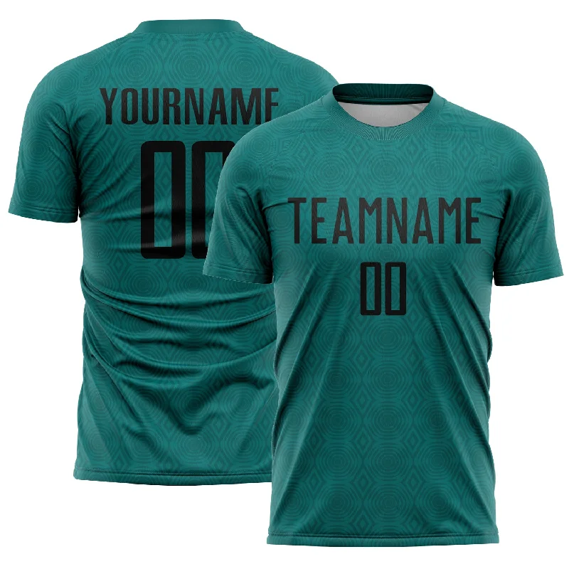 Soccer Jerseys with Tri-Blend Fabric for Soft Feel and Durability-Custom Teal Black Geometric Shapes Sublimation Soccer Uniform Jersey