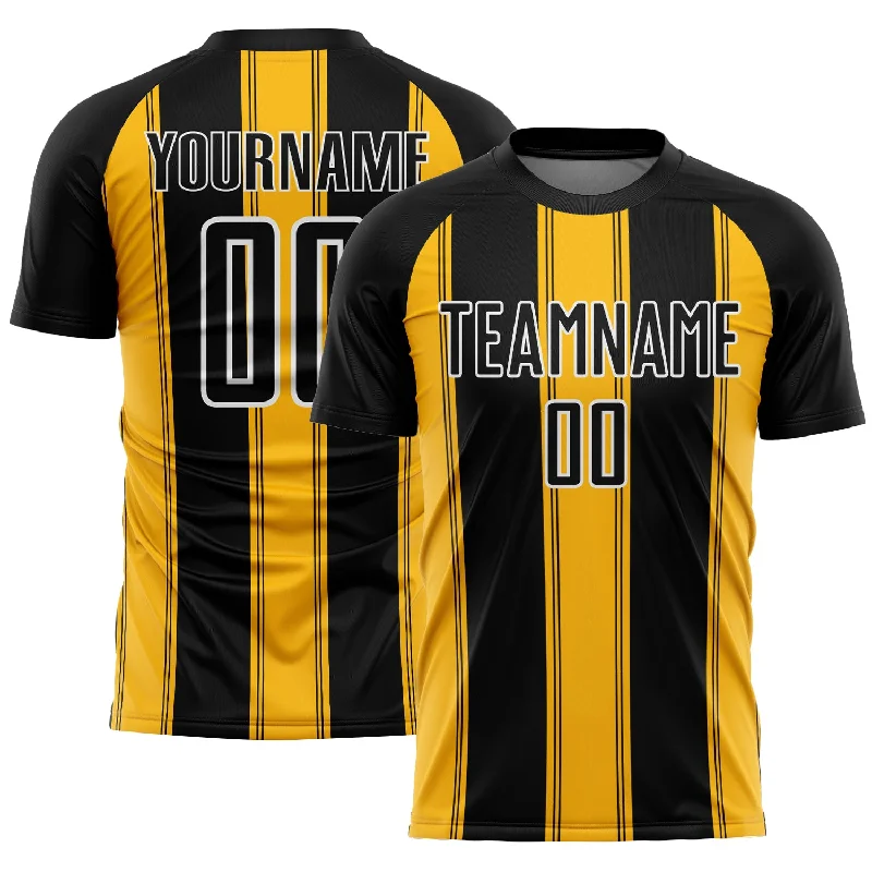 Soccer Jerseys with Elastic Cuffs for Snug Fit-Custom Black Gold-White Line Sublimation Soccer Uniform Jersey