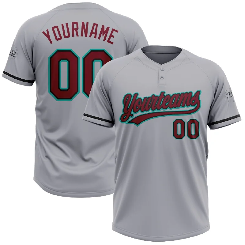 Softball Jerseys for Young Teams with Fun Colors-Custom Gray Crimson Black-Aqua Two-Button Unisex Softball Jersey