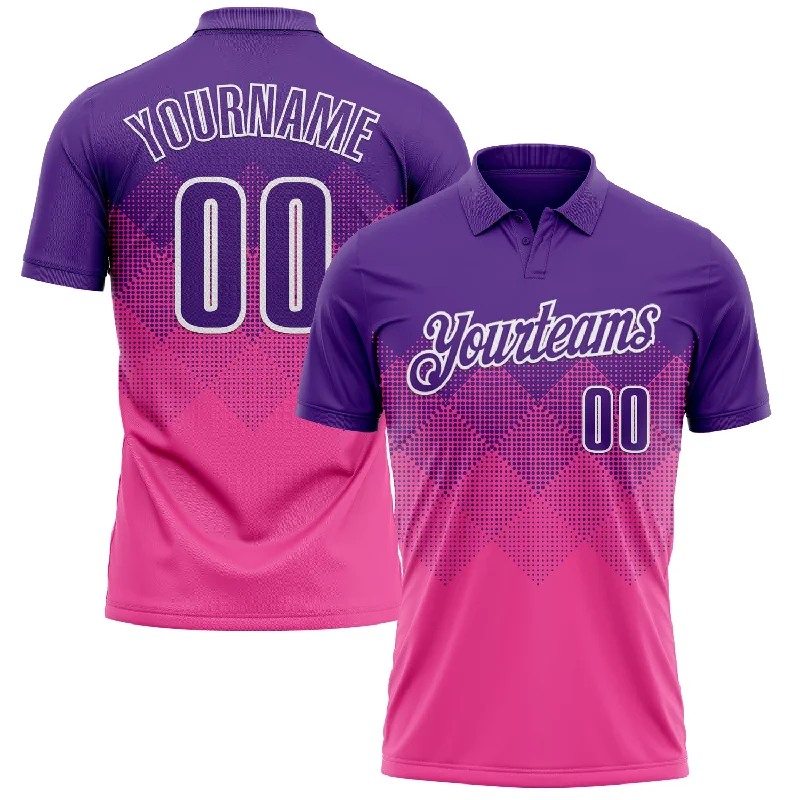 Golf Polo Shirts with Contrast Collar for a Sporty Touch-Custom Purple Pink-White 3D Pattern Design Gradient Square Shape Performance Polo Shirt