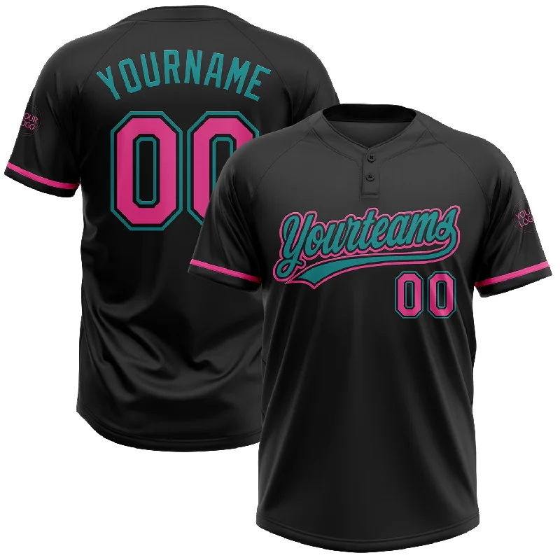 High-Durability Softball Jerseys for Intensive Play-Custom Black Pink-Teal Two-Button Unisex Softball Jersey