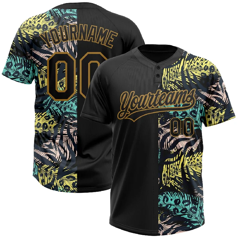 Softball Jerseys with Graphic Prints for Bold Designs-Custom Black Old Gold 3D Pattern Hawaii Tropical Palm Leaves With Animal Print Two-Button Unisex Softball Jersey