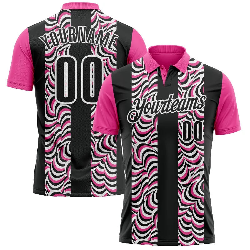 Cool-Comfort Golf Polo Shirts for Hot Summer Days-Custom Black Pink-White 3D Bowling Geometric Shape Performance Polo Shirt