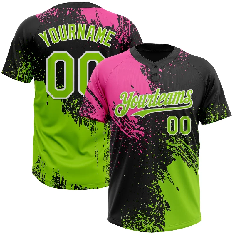 Softball Jerseys with Custom Logo Embroidery-Custom Black Neon Green-Pink 3D Pattern Abstract Brush Stroke Two-Button Unisex Softball Jersey