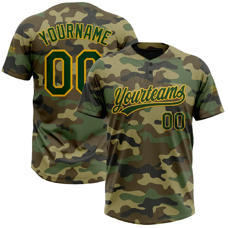 Softball Jerseys with Mesh Sides for Better Ventilation-Custom Camo Green-Gold Salute To Service Two-Button Unisex Softball Jersey