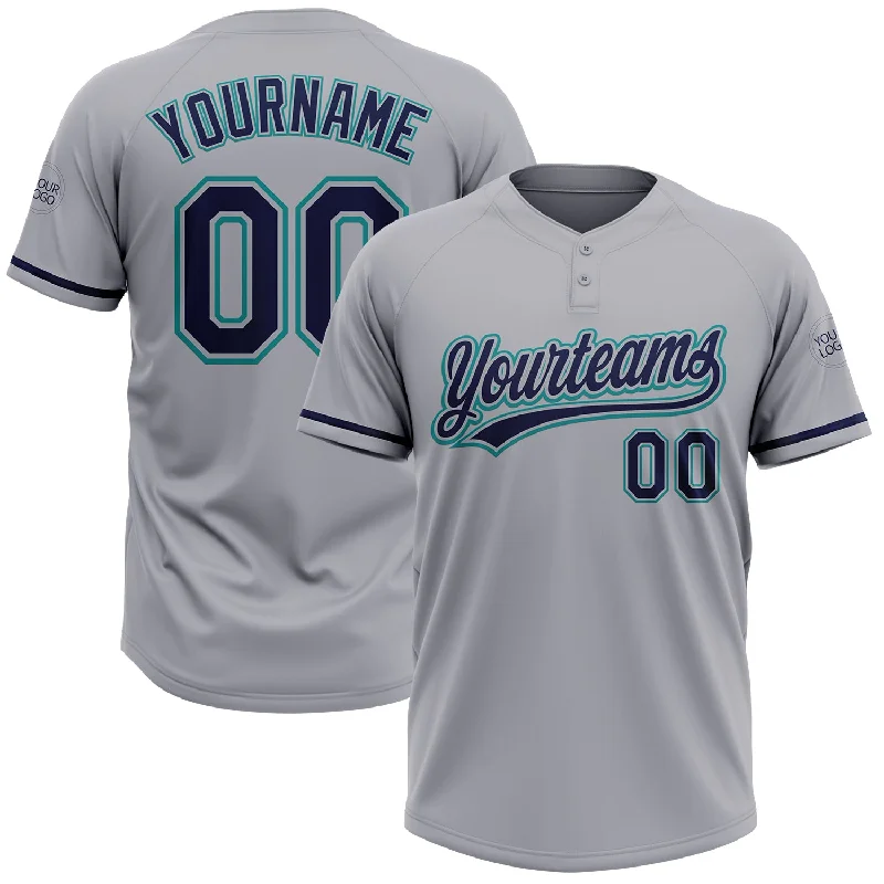 Softball Jerseys for Girls with Feminine Design-Custom Gray Navy-Teal Two-Button Unisex Softball Jersey