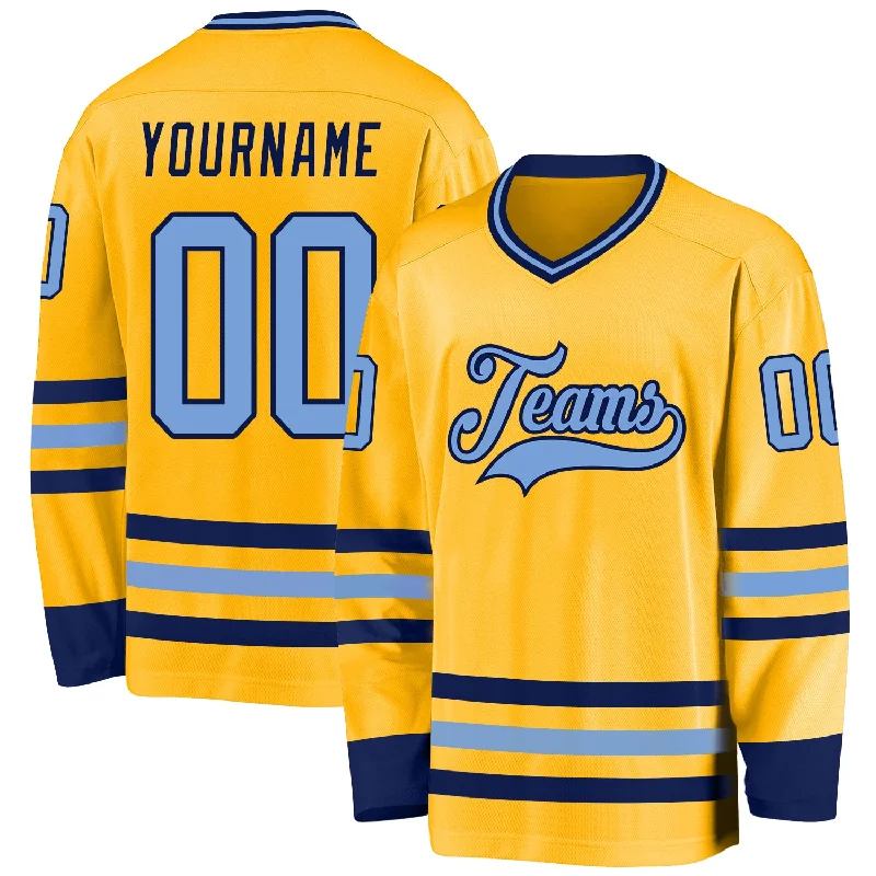 Customized Team Hockey Jerseys for Sponsorships-Custom Gold Light Blue-Navy Hockey Jersey