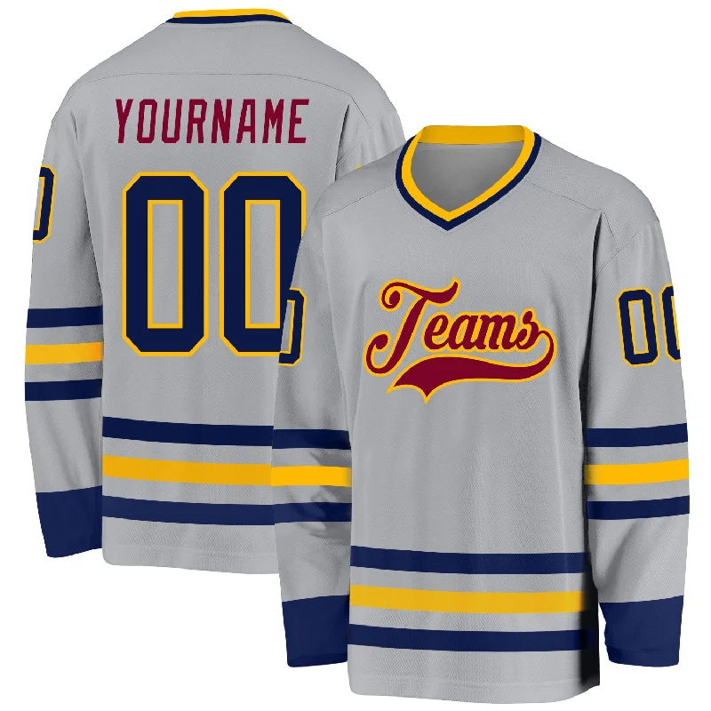 Affordable Team Hockey Jerseys for Budget Teams-Custom Gray Navy Gold-Maroon Hockey Jersey