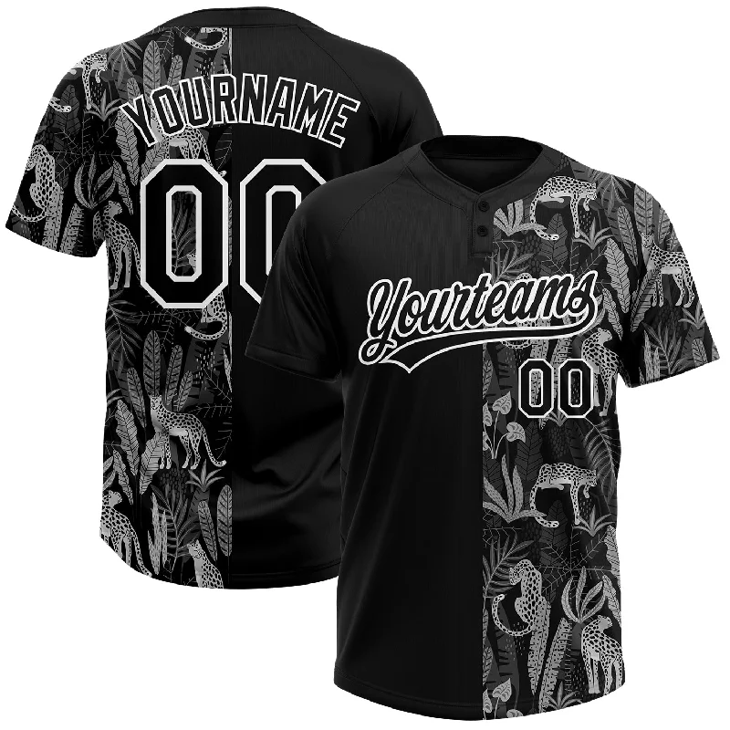 Women’s Softball Jerseys with Slim Fit Design-Custom Black White 3D Pattern Leopards And Tropical Palm Leaves Two-Button Unisex Softball Jersey