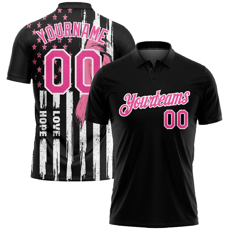 Custom Embroidered Golf Polo Shirts for Clubs-Custom Black Pink-White 3D American Flag With Pink Ribbon Breast Cancer Awareness Month Women Health Care Support Performance Golf Polo Shirt