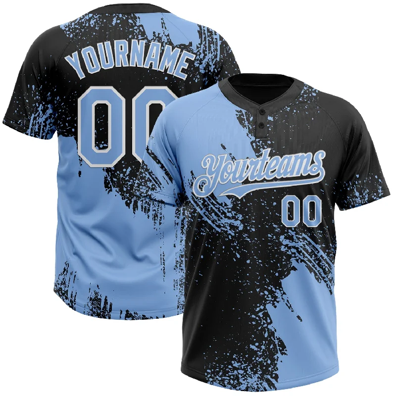 Softball Jerseys with Stretch Fabric for Flexibility-Custom Light Blue Black-White 3D Pattern Abstract Brush Stroke Two-Button Unisex Softball Jersey