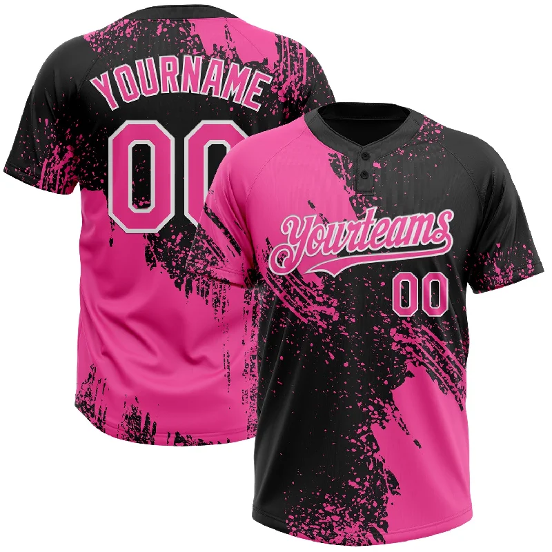 Full-Button Softball Jerseys for Classic Style-Custom Pink Black-White 3D Pattern Abstract Brush Stroke Two-Button Unisex Softball Jersey