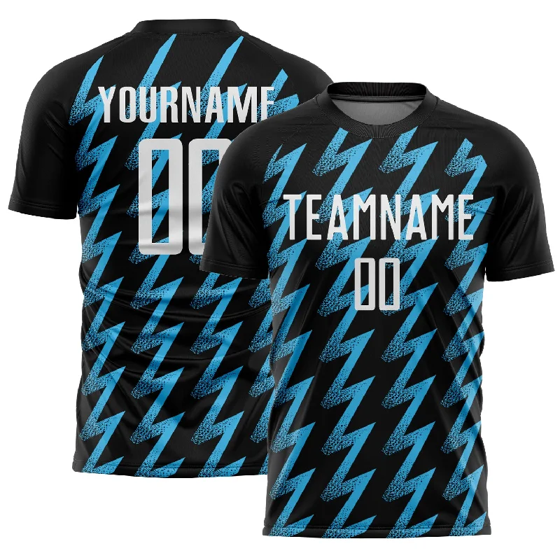 Soccer Jerseys with Lightweight Nylon Fabric for Ultimate Comfort-Custom Black White-Sky Blue Zigzag Shape Sublimation Soccer Uniform Jersey