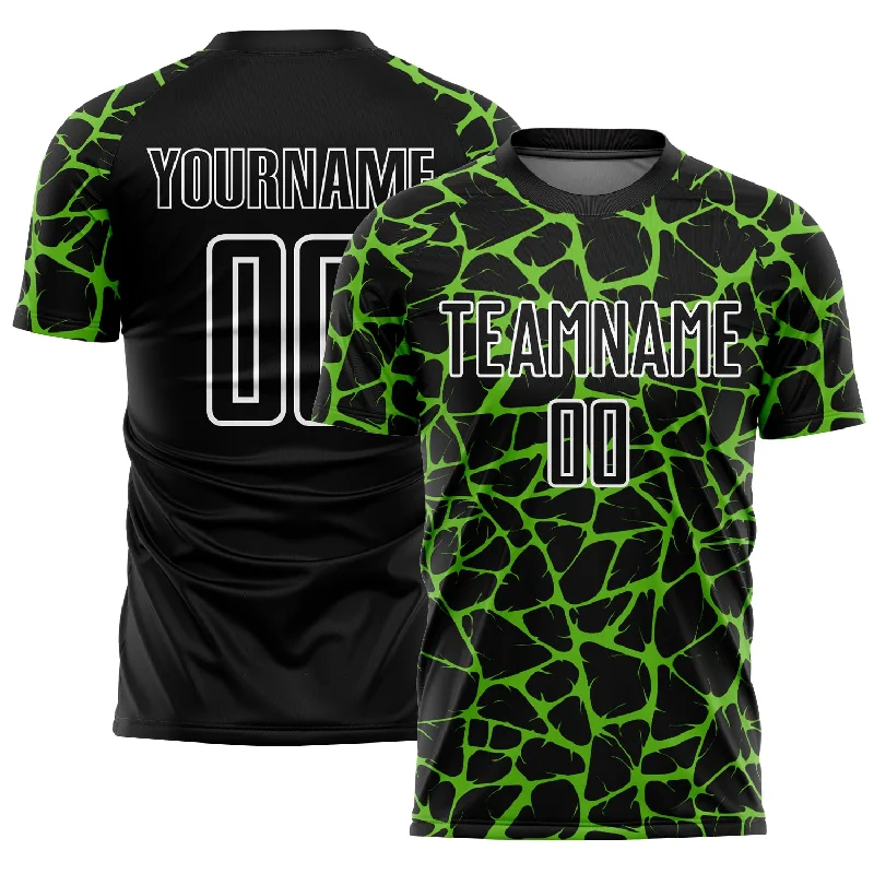 Soccer Jerseys with Ribbed Collar for Secure Fit-Custom Black Aurora Green-White Abstract Network Splash Sublimation Soccer Uniform Jersey