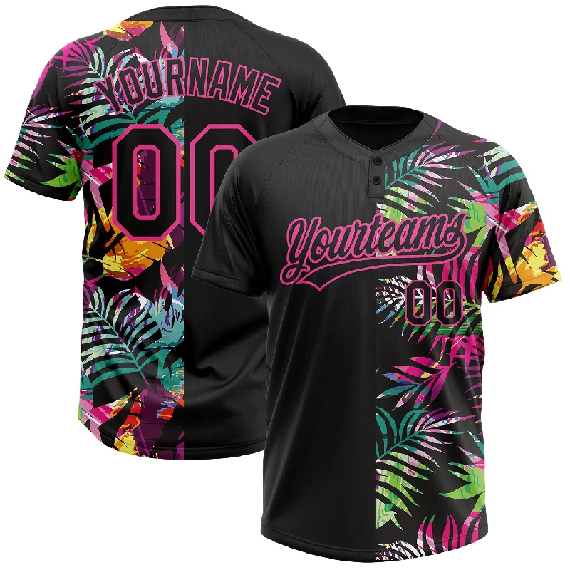 Eco-Friendly Softball Jerseys for Sustainable Sportswear-Custom Black Pink 3D Pattern Hawaii Tropical Palm Leaves Two-Button Unisex Softball Jersey