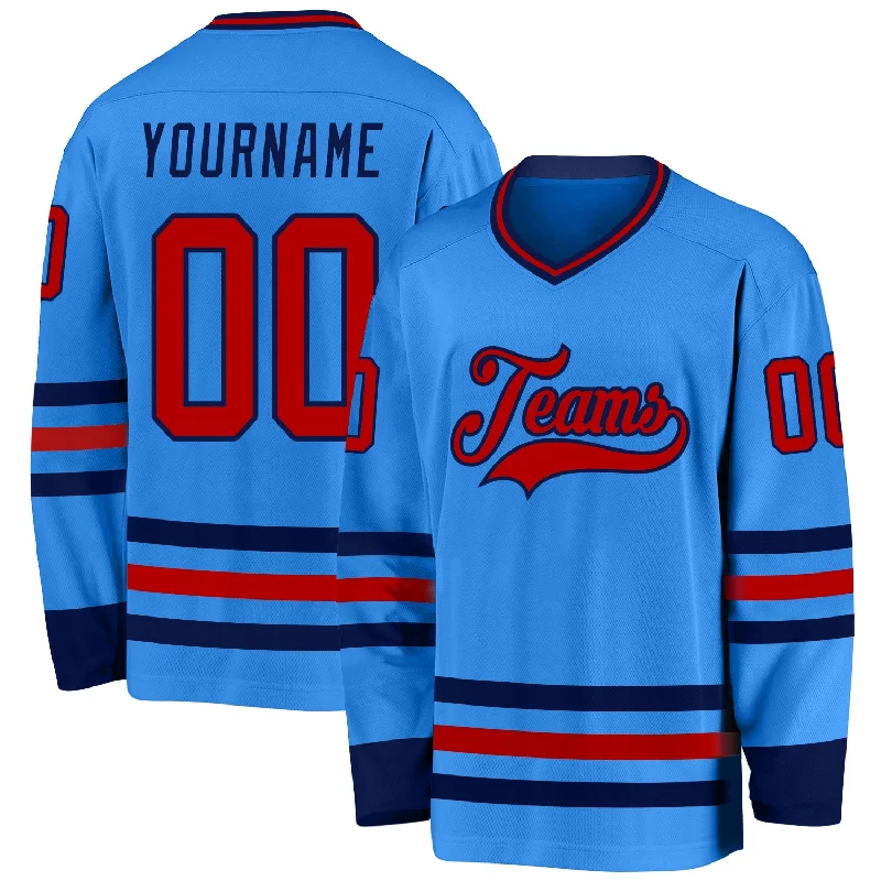 Durable Ice Hockey Jerseys for Extended Play-Custom Powder Blue Red-Navy Hockey Jersey