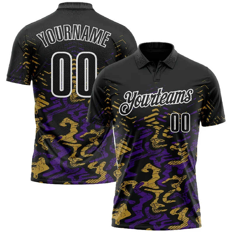 Golf Polo Shirts with Silicone Embellishments for Unique Look-Custom Black Purple-Old Gold 3D Bowling Abstract Grunge Art Performance Polo Shirt