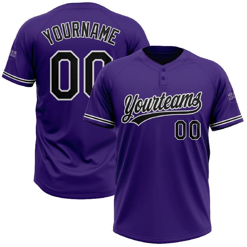 Softball Jerseys with Padded Shoulders for Protection-Custom Purple Black-White Two-Button Unisex Softball Jersey