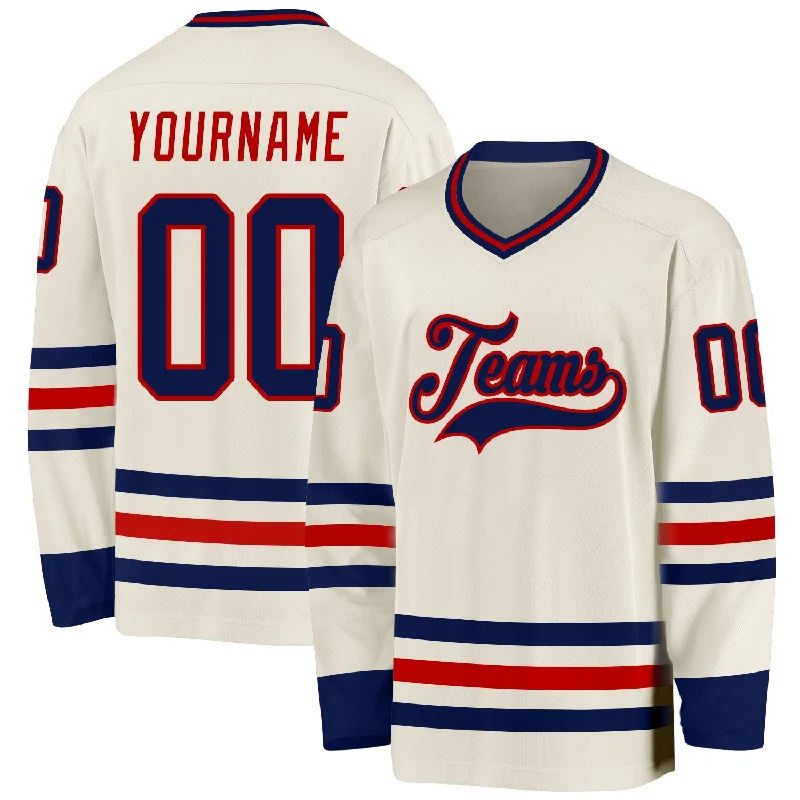 Padded Hockey Jerseys for Extra Protection-Custom Cream Navy-Red Hockey Jersey