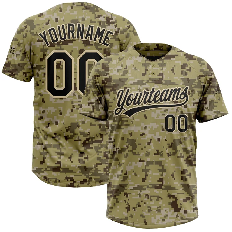 Softball Jerseys with Padded Necklines for Comfort-Custom Camo Black-Cream Salute To Service Two-Button Unisex Softball Jersey