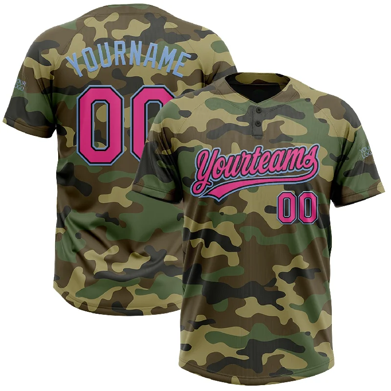 Softball Jerseys with Ribbed Collar for Classic Design-Custom Camo Pink Black-Light Blue Salute To Service Two-Button Unisex Softball Jersey