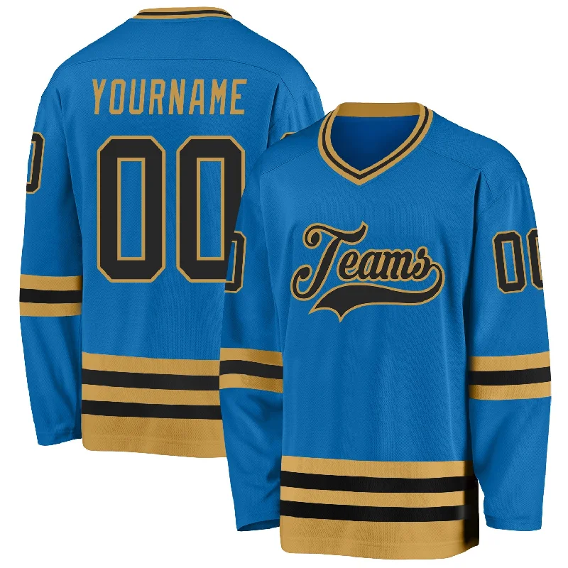 Lightweight Hockey Jerseys for Comfortable Play-Custom Blue Black-Old Gold Hockey Jersey