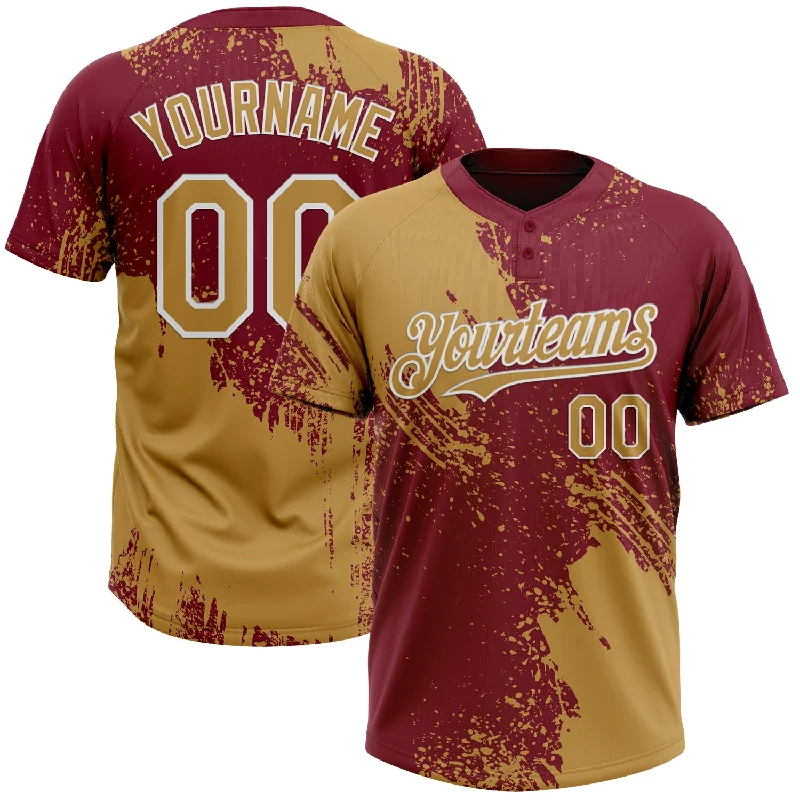 Softball Jerseys with Sublimated Logos for Crisp Appearance-Custom Old Gold Crimson-White 3D Pattern Abstract Brush Stroke Two-Button Unisex Softball Jersey