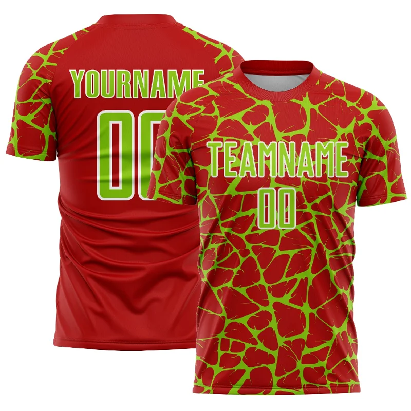 Soccer Jerseys with Mesh Sides for Extra Airflow-Custom Red Neon Green-White Abstract Network Splash Sublimation Soccer Uniform Jersey