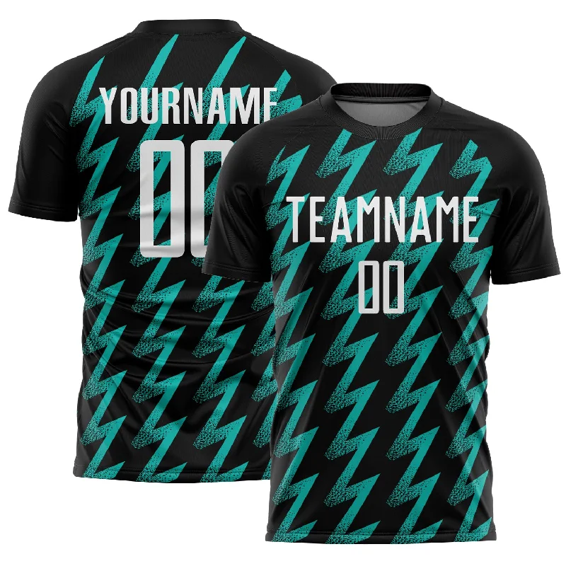 Soccer Jerseys with Ribbed Sleeves for Style and Fit-Custom Black White-Aqua Zigzag Shape Sublimation Soccer Uniform Jersey