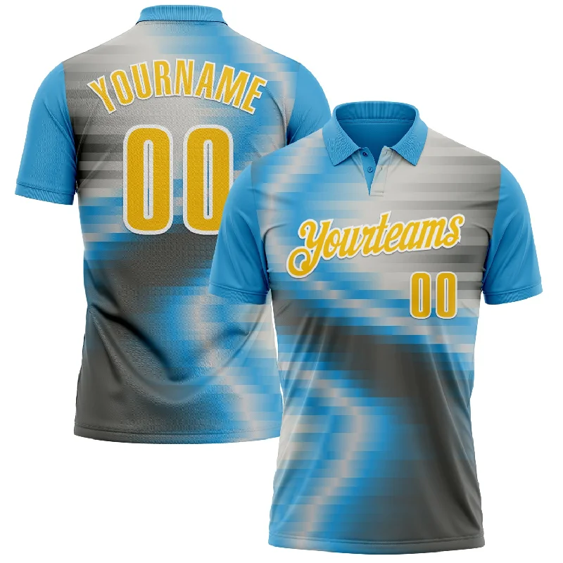 Lightweight Golf Polo Shirts for Warm Weather-Custom Sky Blue Yellow-Steel Gray 3D Bowling Line Performance Polo Shirt