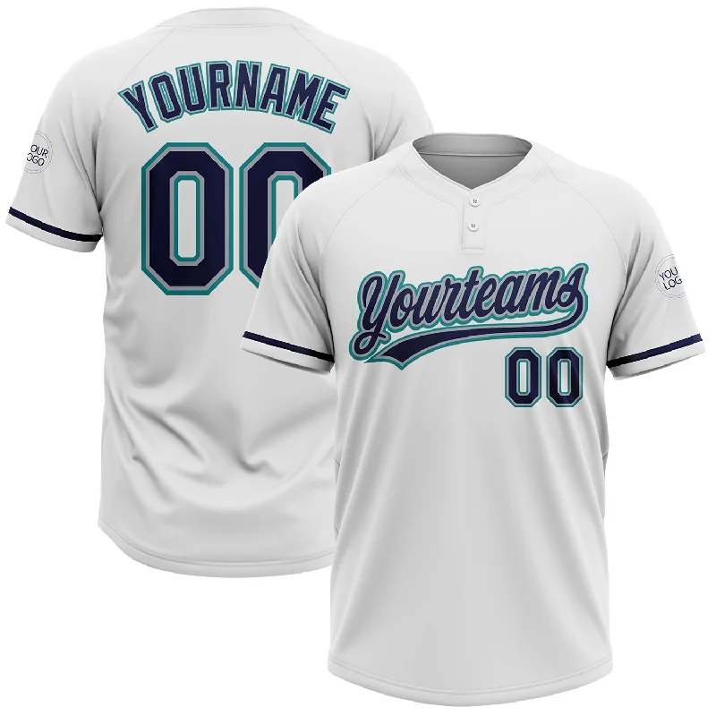 Lightweight Polyester Softball Jerseys for Fast Play-Custom White Navy Gray-Teal Two-Button Unisex Softball Jersey