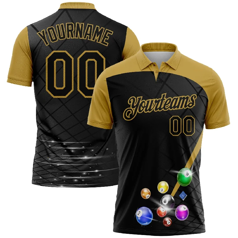 High-Performance Golf Polo Shirts with Stretch Fabric-Custom Black Old Gold 3D Pattern Design Billiards Performance Polo Shirt