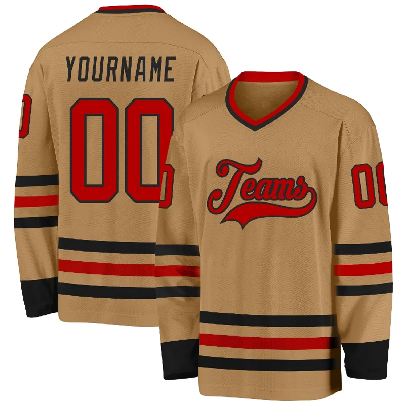 Custom Hockey Jerseys with Team Sponsor Logos-Custom Old Gold Red-Black Hockey Jersey