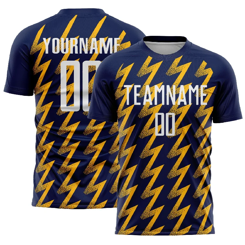 Soccer Jerseys with Sublimated Design for Unique Patterns-Custom Navy White-Gold Zigzag Shape Sublimation Soccer Uniform Jersey