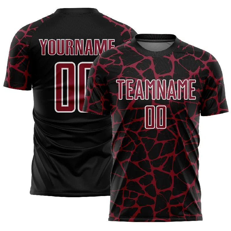 Youth Soccer Jerseys with Personalized Name and Number-Custom Black Crimson-White Abstract Network Splash Sublimation Soccer Uniform Jersey