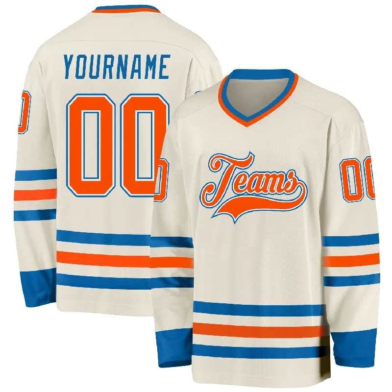 Full-Sleeve Hockey Jerseys for Extra Protection-Custom Cream Orange White-Blue Hockey Jersey