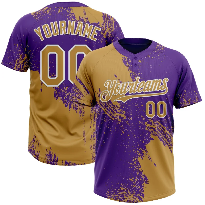 Softball Jerseys with Reinforced Necklines for Durability-Custom Old Gold Purple-White 3D Pattern Abstract Brush Stroke Two-Button Unisex Softball Jersey