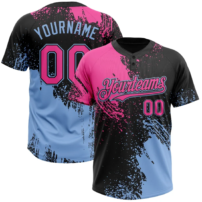 Softball Jerseys with Bold Pattern Design for Unique Look-Custom Black Pink-Light Blue 3D Pattern Abstract Brush Stroke Two-Button Unisex Softball Jersey