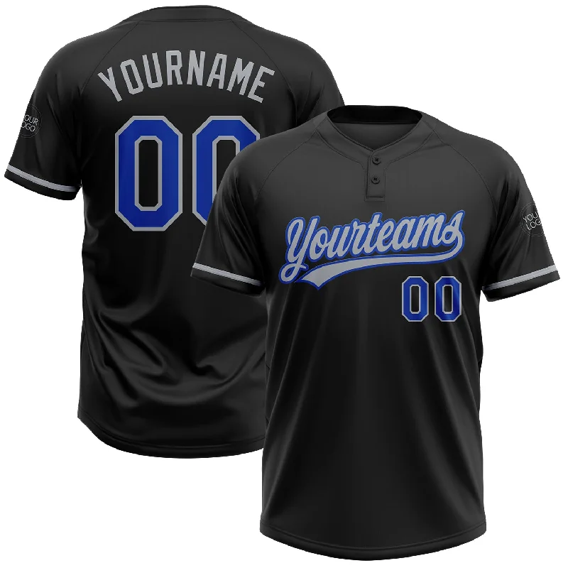 Youth Softball Jerseys for Junior Teams-Custom Black Thunder Blue-Gray Two-Button Unisex Softball Jersey