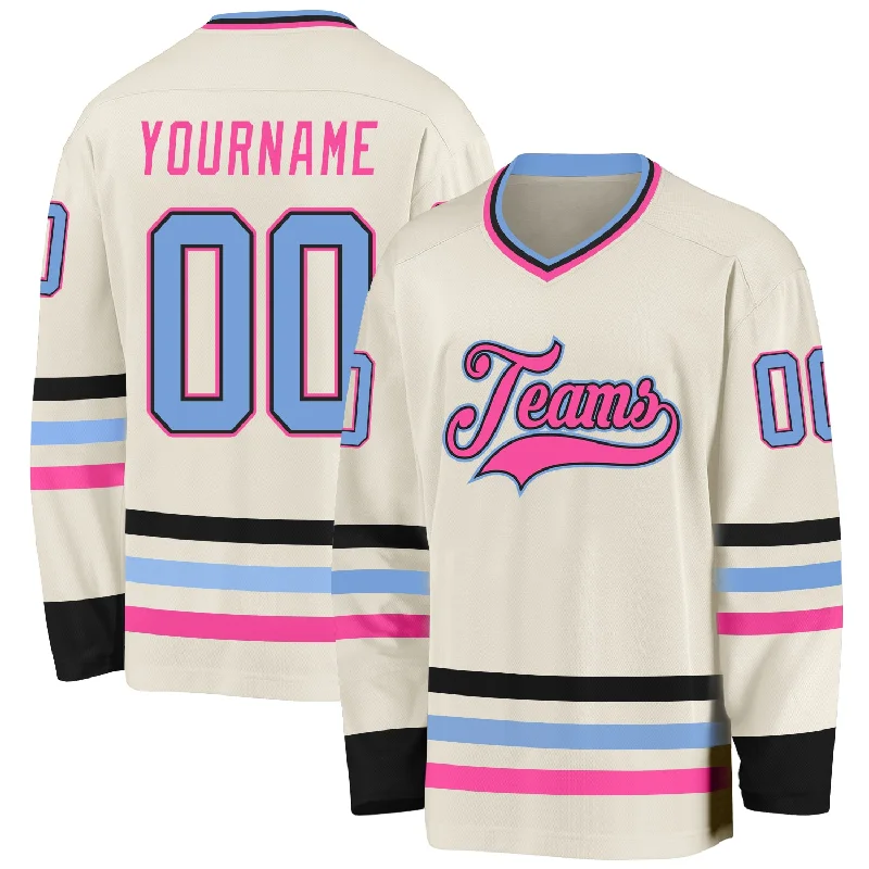 Professional Custom Hockey Jerseys for Tournament Teams-Custom Cream Light Blue Black-Pink Hockey Jersey