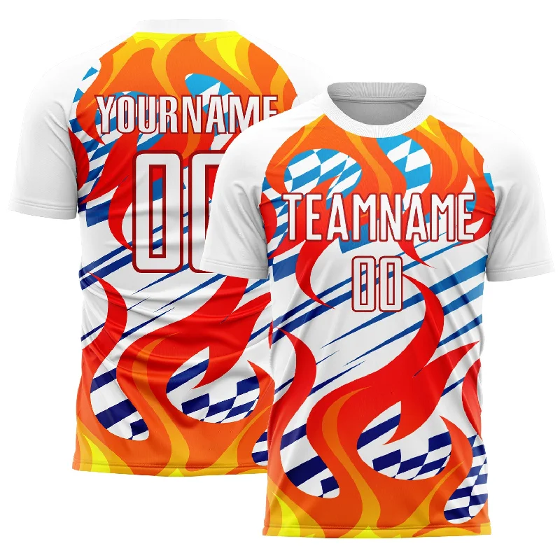 Soccer Jerseys with Moisture-Wicking Technology-Custom White Red-Gold Flame Sublimation Soccer Uniform Jersey