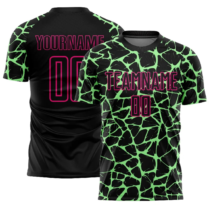 Soccer Jerseys with Reinforced Elbows for Extra Durability-Custom Black Pea Green-Hot Pink Abstract Network Splash Sublimation Soccer Uniform Jersey