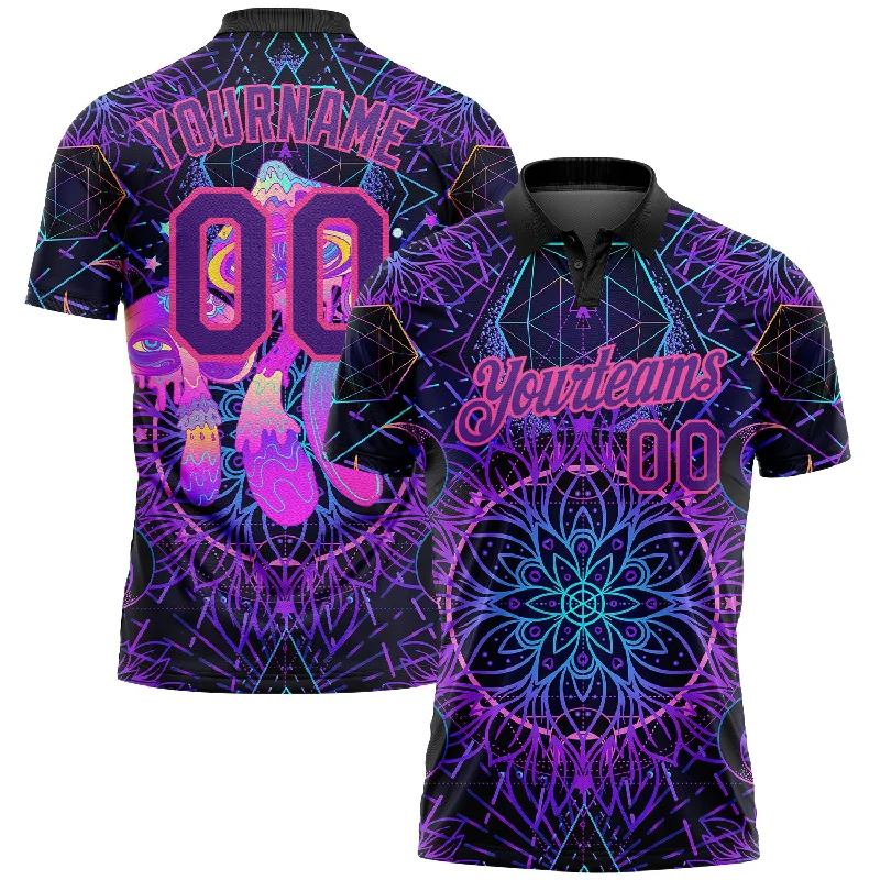 Breathable Golf Polo Shirts for Outdoor Activities-Custom Black Purple Pink 3D Pattern Design Magic Mushrooms Over Sacred Geometry Psychedelic Hallucination Performance Golf Polo Shirt